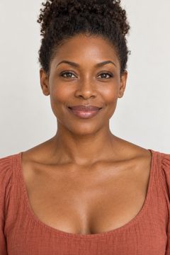 Fictional feminine bohemian model with deep brown skin and a coiled updo
