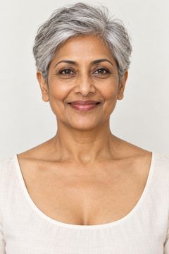 Fictional mature feminine model with medium brown skin and short silver hair