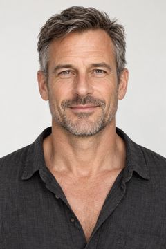 Fictional mature masculine industrial model with fair skin and short salt-and-pepper hair