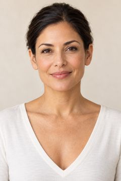 Fictional feminine studio model with warm medium skin and swept-back hair